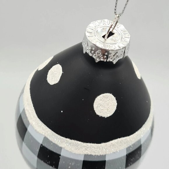 Black White Plaid Finial Ball Large Glitter Glass Ornament 4.5" Set 2 - Picture 5 of 5